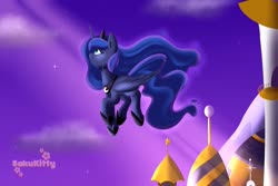 Size: 1417x945 | Tagged: safe, artist:sakukitty, princess luna, alicorn, pony, g4, canterlot, canterlot castle, cloud, crepuscular rays, crying, female, flying, mare, moonlight, night, profile, sky, solo