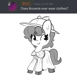Size: 1080x1080 | Tagged: safe, artist:tjpones, oc, oc only, oc:brownie bun, earth pony, pony, boots, clothes, cute, dress, female, grayscale, hat, mare, monochrome, ocbetes, shoes, simple background, solo, white background
