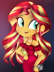 Size: 1800x2400 | Tagged: safe, artist:artmlpk, sunset shimmer, human, equestria girls, g4, bracelet, breasts, cleavage, clothes, cute, digital art, dress, ear piercing, earring, fashion, female, hand on hip, jewelry, looking over shoulder, necklace, piercing, red dress, shimmerbetes, solo