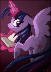 Size: 1920x2716 | Tagged: safe, artist:lilsunnyday, twilight sparkle, alicorn, pony, g4, :o, book, female, magic, mare, open mouth, profile, sidemouth, solo, spread wings, telekinesis, twilight sparkle (alicorn), wings