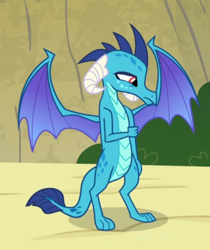 Size: 528x629 | Tagged: safe, screencap, princess ember, dragon, g4, triple threat, beautiful, cropped, cute, dragoness, female, frown, horns, insecure, looking down, rubbing arm, sad, solo, spread wings, teen ember, teenaged dragon, teenager, toes, wings, younger