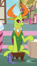 Size: 467x819 | Tagged: safe, screencap, thorax, changedling, changeling, g4, triple threat, cropped, king thorax, looking down, male, sitting, solo, table