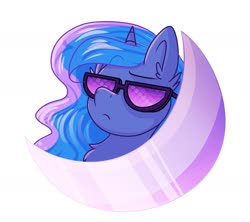 Size: 1800x1600 | Tagged: safe, artist:lbrcloud, princess luna, pony, g4, bust, chest fluff, crescent moon, ear fluff, female, mare, moon, portrait, simple background, solo, sunglasses, white background