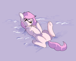Size: 1000x800 | Tagged: safe, artist:ametff3, oc, oc only, oc:kayla, earth pony, pony, female, laughing, lying down, on back, snow, solo, ych result