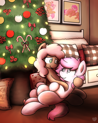 Size: 2048x2560 | Tagged: safe, artist:sugar morning, oc, oc only, oc:kayla, oc:mary jane, earth pony, pegasus, pony, bed, candy, candy cane, christmas, christmas tree, female, food, high res, holding head, holiday, kayry, lesbian, looking at each other, mare, oc x oc, pillow, shipping, snuggling, tree
