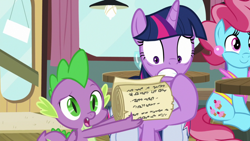 Size: 1920x1080 | Tagged: safe, screencap, cup cake, spike, twilight sparkle, alicorn, dragon, pony, a trivial pursuit, g4, bag, saddle bag, scroll, twilight sparkle (alicorn), winged spike, wings