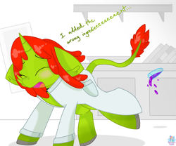 Size: 1920x1600 | Tagged: safe, artist:rainbow eevee, oc, oc only, oc:radiante radium, object pony, original species, pony, radioactive pony, unicorn, adorkable, blushing, book, collar, counter, cute, dork, element pony, eyes closed, female, gradient legs, gradient tail, leonine tail, nervous, ponified, poster, radioactive, running, running away, science, shelf, simple background, solo, wat, white background