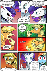 Size: 1800x2740 | Tagged: safe, artist:candyclumsy, applejack, rainbow dash, rarity, griffon, hydra, pegasus, pony, comic:don't play with potions, g4, accident, argument, barn, beak, birb, body horror, chest fluff, claws, comic, commissioner:bigonionbean, cowboy hat, dialogue, griffonized, hat, multiple heads, muzzle, shocked, shocked expression, species swap, sweet apple acres, swelling, talking to herself, transformation, wings, writer:bigonionbean