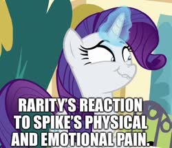 Size: 562x483 | Tagged: safe, edit, edited screencap, editor:useraccount, screencap, rarity, spike, pony, unicorn, dragon dropped, g4, abuse, caption, cropped, fact, faic, female, funny, go to sleep garble, image macro, implied spike, implied spikeabuse, mare, meme, op is on drugs, op is trying to start shit so badly that it's kinda funny, op isn't even trying anymore, sadism, shitposting, smiling, smirk, solo, text, truth