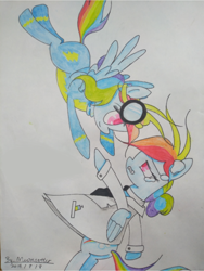 Size: 1560x2080 | Tagged: safe, artist:moonsetter, rainbow dash, pegasus, pony, g4, big eyes, clothes, crying, female, flying, goggles, in the sky, lab coat, mare, rainbow factory dash, simple background, tears of pain, traditional art, uniform, white background, wind, wonderbolts uniform