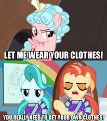 Size: 1280x1440 | Tagged: safe, edit, edited screencap, screencap, cozy glow, lighthoof, shimmy shake, earth pony, pegasus, pony, 2 4 6 greaaat, frenemies (episode), g4, caption, cheerleader outfit, clothes, female, filly, image macro, mare, meme, text
