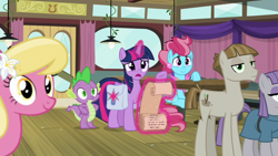 Size: 1920x1080 | Tagged: safe, screencap, cup cake, lily, lily valley, maud pie, mudbriar, spike, twilight sparkle, alicorn, dragon, pony, a trivial pursuit, g4, bag, saddle bag, scroll, twilight sparkle (alicorn), winged spike, wings