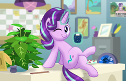 Size: 1920x1243 | Tagged: safe, artist:aleximusprime, phyllis, starlight glimmer, pony, unicorn, g4, :i, best pony, change my mind, crossed hooves, crossed legs, crossing the memes, cute, cutie mark, empathy cocoa, female, food, glimmerbetes, glowing horn, horn, hot chocolate, i mean i see, inkwell, levitation, looking at you, magic, magic aura, mare, marshmallow, meme, nameplate, one eye closed, philodendron, plant, quill, smiling, solo, starlight's office, stupid sexy starlight glimmer, telekinesis, wink, winking at you