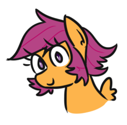 Size: 408x401 | Tagged: safe, artist:jargon scott, scootaloo, pegasus, pony, g4, alternate hairstyle, bust, female, filly, paper-thin disguise, sideburns, simple background, solo, totally not scootaloo, white background