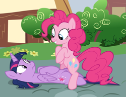 Size: 1077x830 | Tagged: safe, screencap, pinkie pie, twilight sparkle, alicorn, earth pony, pony, fame and misfortune, g4, bipedal, cropped, duo, female, looking at each other, lying down, mare, out of context, smiling, twilight sparkle (alicorn)