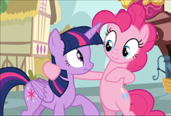 Size: 1390x940 | Tagged: safe, screencap, pinkie pie, twilight sparkle, alicorn, earth pony, pony, fame and misfortune, g4, belly, bipedal, cropped, duo, female, hind legs, hoof around neck, hoof on chest, looking at each other, mare, raised hoof, smiling, twilight sparkle (alicorn)