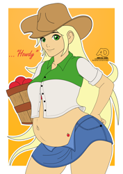 Size: 2480x3508 | Tagged: safe, artist:arrowdark, applejack, equestria girls, g4, applejack's hat, belly, belly button, big belly, clothes, cowboy hat, hat, high res, looking at you, orange background, outie belly button, preggo jack, pregnant, pregnant equestria girls, simple background, text