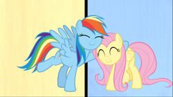 Size: 1668x937 | Tagged: safe, screencap, fluttershy, rainbow dash, pegasus, pony, fame and misfortune, g4, cropped, cute, dashabetes, duo, eyes closed, female, hug, mare, shyabetes, smiling, we're not flawless