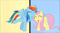 Size: 1671x940 | Tagged: safe, screencap, fluttershy, rainbow dash, pegasus, pony, fame and misfortune, g4, cropped, cute, dashabetes, eyes closed, female, hug, mare, open mouth, raised hoof, shyabetes, smiling, we're not flawless