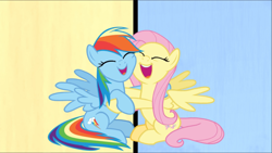 Size: 1667x939 | Tagged: safe, screencap, fluttershy, rainbow dash, pegasus, pony, fame and misfortune, g4, cropped, cute, dashabetes, duo, eyes closed, female, hug, mare, open mouth, shyabetes, sitting, smiling