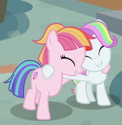Size: 892x914 | Tagged: safe, screencap, coconut cream, toola roola, earth pony, pony, fame and misfortune, g4, cropped, cute, duo, eyes closed, female, hug, shipping fuel