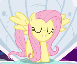 Size: 718x597 | Tagged: safe, screencap, fluttershy, pegasus, pony, fame and misfortune, g4, clam, cropped, cute, eyes closed, female, mare, shell, shyabetes, smiling, solo, spread wings, wings