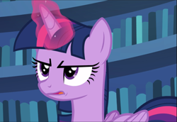 Size: 1365x939 | Tagged: safe, screencap, twilight sparkle, alicorn, pony, fame and misfortune, g4, annoyed, cropped, female, glowing horn, horn, solo, twilight sparkle (alicorn)