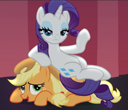 Size: 1088x932 | Tagged: safe, screencap, applejack, rarity, earth pony, pony, unicorn, fame and misfortune, g4, cropped, duo, female, freckles, lidded eyes, mare, sitting on person, sitting on pony, we're not flawless