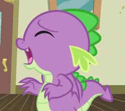 Size: 682x605 | Tagged: safe, screencap, spike, dragon, dragon dropped, g4, cropped, cute, eyes closed, laughing, male, solo, winged spike, wings