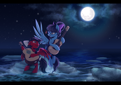 Size: 2550x1800 | Tagged: safe, artist:hexfloog, oc, oc:star spicer, oc:strumbeat strings, pegasus, pony, beach, commission, female, guitar, guitarron, moon, musical instrument, night, rock, water