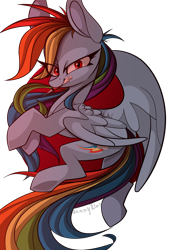 Size: 1920x2716 | Tagged: safe, artist:lilsunnyday, rainbow dash, pegasus, pony, fanfic:rainbow factory, g4, backwards cutie mark, eye clipping through hair, female, mouth hold, red eyes, simple background, slightly creepy, solo, syringe, transparent background