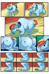 Size: 1800x2740 | Tagged: safe, artist:candyclumsy, rainbow dash, pegasus, pony, comic:don't play with potions, g4, accident, barn, belly, body horror, butt, claws, comic, commissioner:bigonionbean, cutie mark, dialogue, growth, plot, shocked, shocked expression, sweet apple acres, swelling, swollen, the ass was fat, transformation, writer:bigonionbean