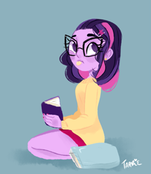 Size: 947x1091 | Tagged: safe, artist:endarie, sci-twi, twilight sparkle, equestria girls, g4, alternate hairstyle, book, cutie mark hair accessory, eating, female, food, glasses, lineless, looking at something, simple background, solo