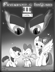 Size: 2550x3300 | Tagged: safe, artist:loreto-arts, apple bloom, queen chrysalis, spike, twilight sparkle, alicorn, changeling, dragon, pony, comic:friendship is innuendo, comic:friendship is innuendo vol. 2, g4, comic, eye, eyes, female, filly, grayscale, heart, high res, monochrome, twilight sparkle (alicorn), winged spike, wings