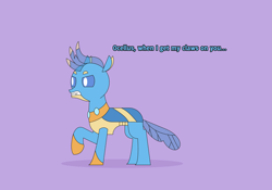 Size: 3573x2505 | Tagged: safe, artist:gd_inuk, gallus, changedling, changeling, g4, changedlingified, changelingified, dialogue, gallus is not amused, gallusling, gritted teeth, high res, implied ocellus, male, purple background, raised hoof, simple background, solo, species swap, unamused