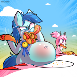 Size: 3000x3000 | Tagged: safe, artist:metalface069, oc, oc only, oc:soft cloud, earth pony, pegasus, pony, belly, belly blush, big belly, eating contest, fat, female, food, gut rest, high res, hot dog, huge belly, meat, outie belly button, ponies eating meat, sausage, stuffed, ych result