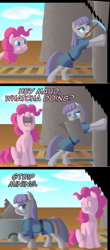Size: 1058x2404 | Tagged: safe, artist:crispokefan, maud pie, pinkie pie, pony, g4, cart, comic strip, eyes closed, fourth wall, minecart, mouth hold, nose in the air, open mouth, pickaxe, pun, smiling, uvula