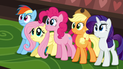 Size: 1920x1080 | Tagged: safe, screencap, applejack, fluttershy, pinkie pie, rainbow dash, rarity, earth pony, pegasus, pony, unicorn, g4, mmmystery on the friendship express, season 2, 1080p, :c, :o, :s, applejack's hat, cowboy hat, female, folded wings, frown, group, hat, horn, mare, open mouth, ponytail, quintet, sad, surprised, varying degrees of want, wavy mouth, wings