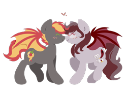 Size: 2576x1890 | Tagged: safe, artist:amazing-artsong, oc, oc only, oc:savory zest, oc:scarlet quill, bat pony, pony, bat pony oc, blushing, boop, commission, couple, cute, digital art, duo, eyes closed, female, glasses, male, mare, married, married couple, noseboop, oc x oc, ocbetes, scarlory, shipping, simple background, stallion, transparent background, ych result