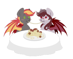 Size: 2452x1998 | Tagged: safe, artist:amazing-artsong, oc, oc only, oc:savory zest, oc:scarlet quill, bat pony, pony, bat pony oc, blushing, commission, couple, cute, digital art, duo, eating, female, food, glasses, male, mare, married, married couple, meatball, oc x oc, ocbetes, pasta, scarlory, shipping, simple background, spaghetti, stallion, transparent background, ych result