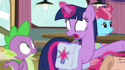 Size: 1920x1080 | Tagged: safe, screencap, cup cake, spike, twilight sparkle, alicorn, dragon, pony, a trivial pursuit, g4, bag, saddle bag, scroll, twilight sparkle (alicorn), winged spike, wings
