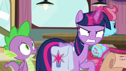 Size: 1920x1080 | Tagged: safe, screencap, cup cake, spike, twilight sparkle, alicorn, dragon, pony, a trivial pursuit, g4, angry, bag, saddle bag, scroll, twilight sparkle (alicorn), winged spike, wings