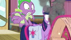 Size: 1920x1080 | Tagged: safe, screencap, cup cake, spike, twilight sparkle, alicorn, dragon, pony, a trivial pursuit, g4, bag, quill, saddle bag, scroll, smoke, twilight sparkle (alicorn), winged spike, wings
