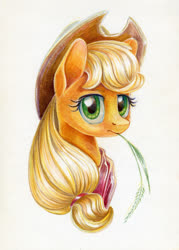 Size: 999x1397 | Tagged: safe, artist:maytee, applejack, earth pony, pony, g4, bust, colored pencil drawing, female, neckerchief, portrait, solo, straw, straw in mouth, traditional art