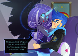Size: 4448x3180 | Tagged: safe, artist:xan-gelx, idw, flash sentry, nightmare rarity, equestria girls, g4, spoiler:comic, bedroom eyes, clothes, commission, couch, dark magic, dialogue, digital art, equestria girls-ified, eyeshadow, female, girl on top, hands on shoulder, holiday, hoodie, jacket, kiss mark, lipstick, magic, makeup, male, nightmare sentrity, seductive, seductive look, sentrity, shipping, smiling, smirk, speech bubble, straight, talking, touch, wings