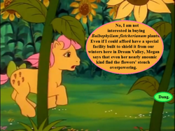 Size: 772x577 | Tagged: safe, edit, edited screencap, editor:korora, screencap, posey, g1, my little pony 'n friends, woe is me, bow, dialogue, flower, implied megan, implied oc, speech bubble, sunflower, tail bow