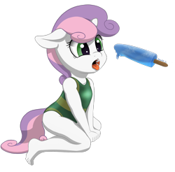 Size: 1718x1688 | Tagged: safe, artist:salemcat, sweetie belle, unicorn, anthro, plantigrade anthro, g4, clothes, cute, diasweetes, feet, female, filly, floppy ears, food, ice cream, implied foalcon, one-piece swimsuit, open mouth, phallic symbol, popsicle, simple background, solo, suggestive eating, swimsuit, tongue out, transparent background