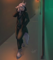 Size: 2100x2400 | Tagged: safe, artist:skuttz, oc, oc only, unicorn, anthro, unguligrade anthro, clothes, cloven hooves, coat, cyberpunk, fog, high res, lidded eyes, male, solo, street, street lamp, streetlight