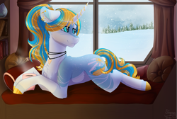 Size: 1525x1024 | Tagged: safe, artist:sharxz, oc, oc only, oc:serene shores, pony, unicorn, couch, forest, horn, lounging, scene, snow, snowfall, solo, unicorn oc, window