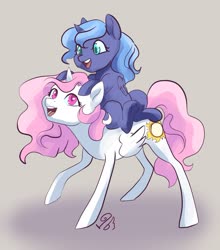 Size: 1327x1509 | Tagged: safe, artist:candasaurus, princess celestia, princess luna, alicorn, pony, g4, catchlights, duo, female, filly, highlights, luna riding celestia, open mouth, pink-mane celestia, ponies riding ponies, riding, royal sisters, smiling, woona, young celestia, younger